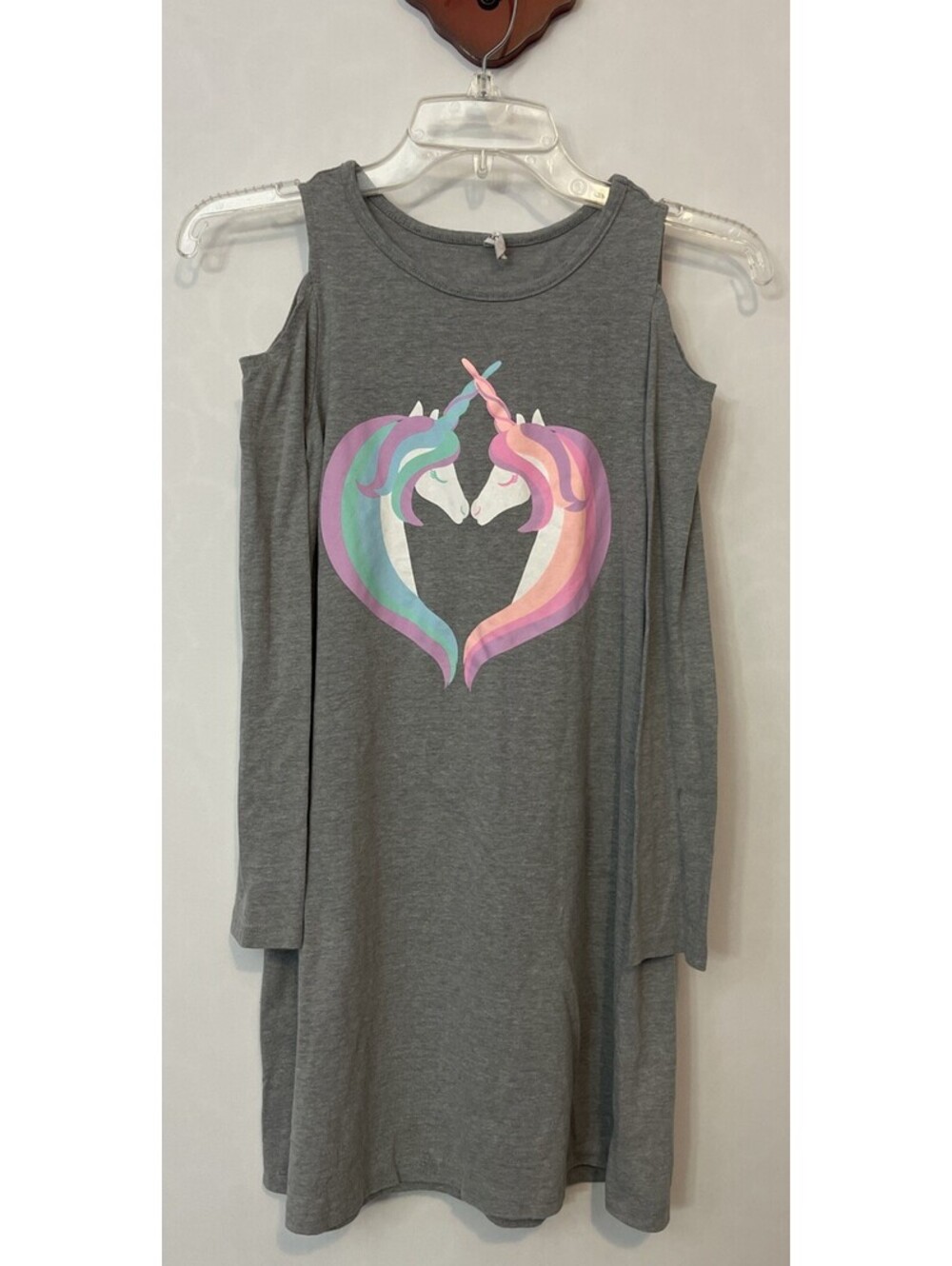 Fab Kids Girls 12 XL Gray Unicorn Cold-Shoulder Knee-Length Pullover Dress A1697